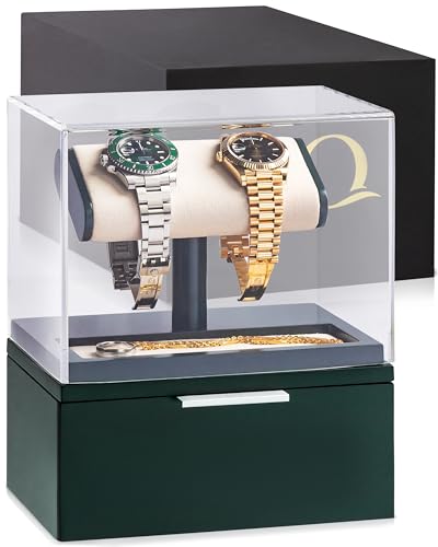 QWATCH Watch Stand Display Case - Acrylic Watch Box for 2 or 4 Watches with Jewelry Valet Tray and Drawer - color: Single - Green / Ivory