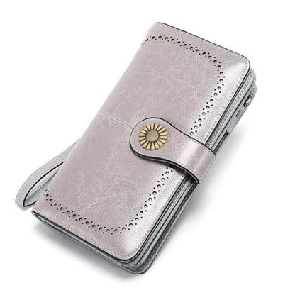SENDEFN Womens Wallet RFID Blocking Card Holder Large Leather Wristlet - color: 1-Wax-Grey