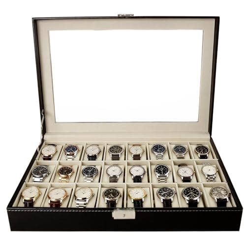 24 Slot Watch Box Men Women, PU Leather Display Case | Genuine-feel PU leather exterior with soft velvet interior protects watches from scratches and keeps them pristine