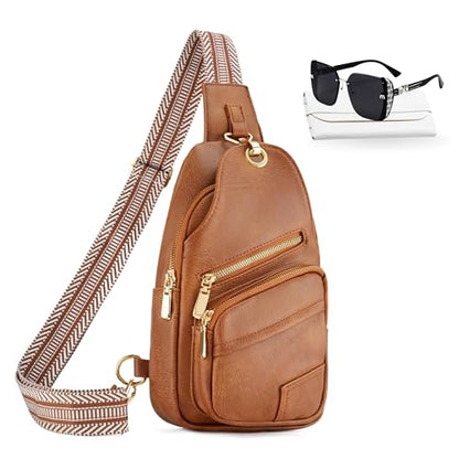Sling Bag Set, PU Leather Sling Bag, Multi-Zipper Design for Travel, Outdoors, Valentine’s Day Gifts - color: 02-lbrown