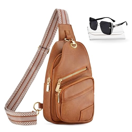 Sling Bag Set, PU Leather Sling Bag, Multi-Zipper Design for Travel, Outdoors, Valentine’s Day Gifts - color: 02-lbrown