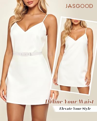 JASGOOD Women Skinny Belt for Jeans Dresses Fashion Thin Waist Belt with Oval Pin Buckle 0.7" Width - color: White, size: Fit waist size 27''-31''