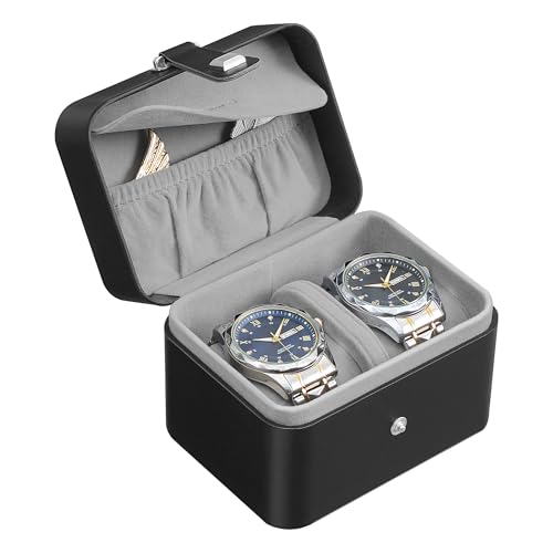 SONGMICS 2 Watch Travel Case, 2-Slot Watch Box, Pillow with Hidden Storage, Adjustable Divider, Flap Pocket, 4 x 4.7 x 3.3 Inches, Gift Idea, Ink Black Surface, Dove Gray Lining UJWB029GD01 - color: Ink Black + Dove Gray