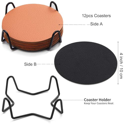 Faux Leather Drink Coasters with Holder, Dual Sided Sets of 12 | 4 Inch Non-Slip Washable Coasters for Coffee Table, Tabletop Protection for Hot & Cold Drinks Kinds of Cups (Black Brown) - color: Black Brown