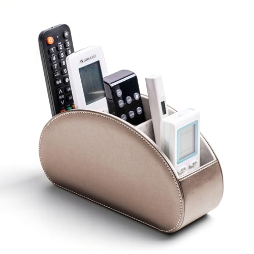 Remote Control Holders Organizer Box with 5 Compartment PU Leather Caddy | Multi-functional Office Desk Storage Caddy Store Tv Remote for Media Player,Brush,Pencil,Glassees&Office Supplies - color: Champagne silver, size: S