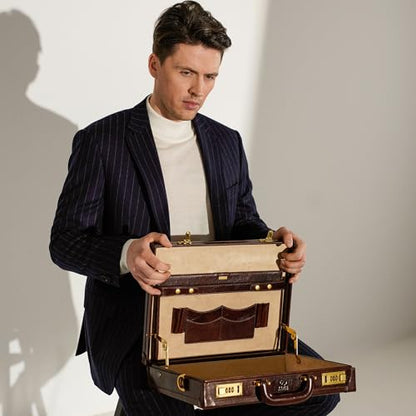 Time Resistance Leather Attache Case - Full Grain Italian Leather Briefcase - Laptop Bag up to 15” - Hard Case with Lock