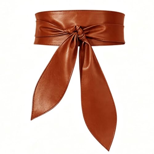 Women Obi Belt Wide Leather Wrap Belts Fashion Knotted Belt for Dress - color: Brown