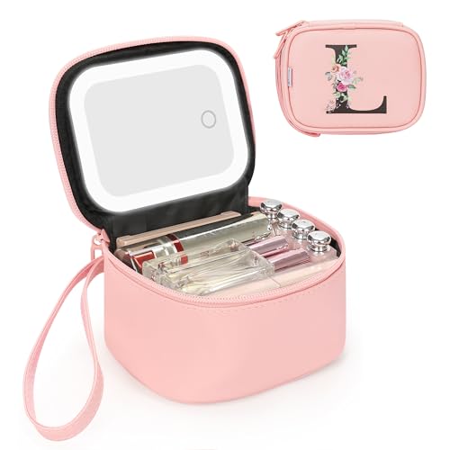 Relavel Mini Travel Makeup Bag with Led Mirror for Women, Pink L | Initial Cosmetic Bag with 3 Lights, Adjustable Brightness, Personalized Travel Toiletry Bag, Preppy Make Up Pouch for Trip - color: Pink, style: L