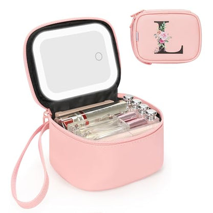 Relavel Mini Travel Makeup Bag with Led Mirror for Women, Pink L | Initial Cosmetic Bag with 3 Lights, Adjustable Brightness, Personalized Travel Toiletry Bag, Preppy Make Up Pouch for Trip - color: Pink, style: L