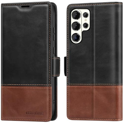 KEZiHOME Genuine Leather Wallet Case for Samsung Galaxy S26 Ultra | Black/Brown, RFID Blocking Card Holder, Kickstand, Magnetic Protective Phone Folio Cover, Compatible with S26 Ultra - color: Black/Brown, size: Galaxy S26 Ultra Case