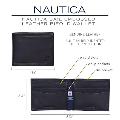 Nautica Men's Bifold Leather Wallet | RFID Blocking | ID Window | Card Slots | Organization | Durable | Stylish - color: Embossed Leather - Brown