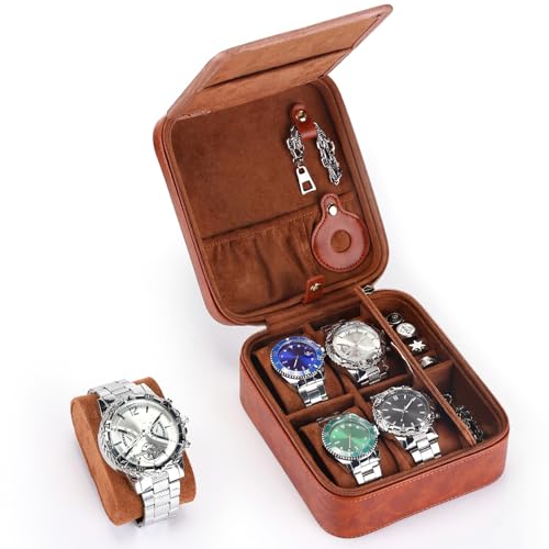 Travel Watch Case for Men 4 Slots PU Leather Mens Father Jewelry Box with Compartments Zippered Portable Watches Cufflinks Accessories Storage Case Gift(Brown) - color: Brown