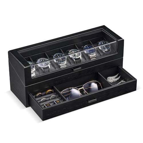 ProCase High End Wooden Watch Box for Men, 2-Layer Wood Watch Display Case Men's Jewelry Organizer Box with Drawer -6 Slot, Black - color: Black, size: 6 Slot