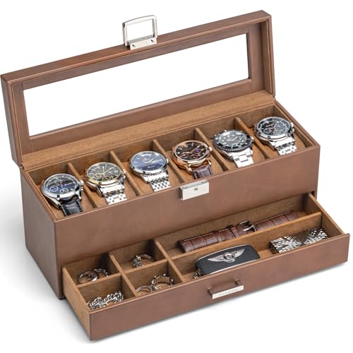 VLANDO Watch Case for Men, 6 Slot 2 Layer Watch Box with Glass Lid, Brown | Two-layer watch organizer with six soft pillows, clear display lid and lower accessory storage for a tidy dresser or desk - color: Brown-2 Layers
