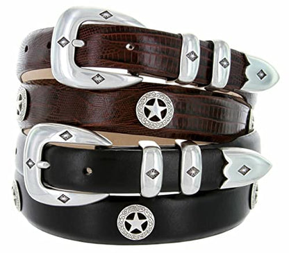 S5514 Genuine Full-Grain Cowhide Leather Designer Dress Belt 1-1/8"(30mm) taper down to 1"(25mm) wide - color: Style A- Silver Star-alligator Tan, size: 40