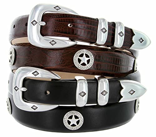 S5514 Genuine Full-Grain Cowhide Leather Designer Dress Belt 1-1/8"(30mm) taper down to 1"(25mm) wide - color: Style A- Silver Star-alligator Tan, size: 42