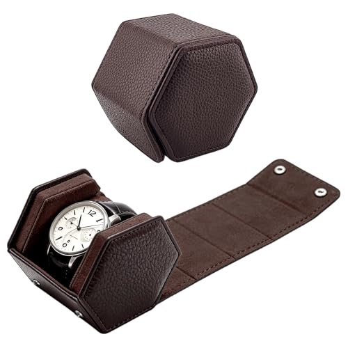 Compact Hexagon Watch Box, Genuine Leather & Magnetic Switch, Brown | 3.15 * 3.74 * 3.54inch, portable & waterproof, deal gift for birthdays, father's day, christmas and new years - color: Brown