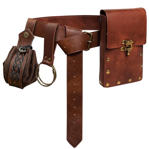 Belt Pouch Waist Bag Fanny Pack Steampunk Phone Holder Medieval Bag Leather Belt Renaissance Cosplay Costume Accessories (2Pouch-Brown) - color: 2Pouch-Brown