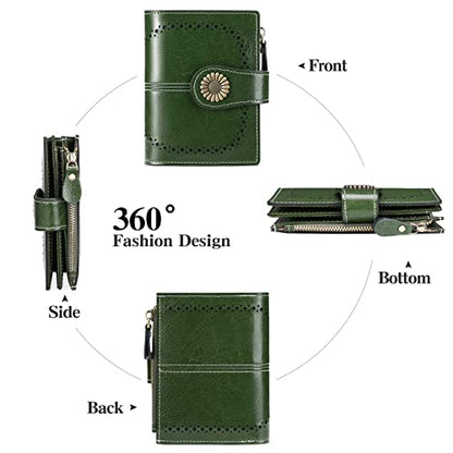 SENDEFN Small Womens Wallet Leather Bifold Card Holder RFID Blocking with Zipper Coin Pocket - color: 1-Wax-Green