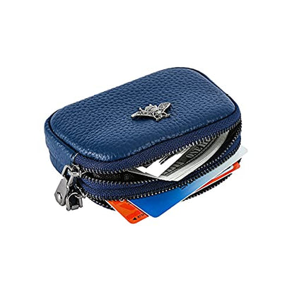 Genuine Leather Coin Purse for Women Small Double Zipper Wallet Mini Change Pouch with Bee Charm for Cash Cards Keys Cute Compact Organizer (Royal Blue) - color: Royal Blue