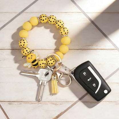 BAOSIWA Silicone Beaded Keychain Wristlet Key Ring Bracelet Cute Car Key Chain Holder for Women Girls - color: Bee