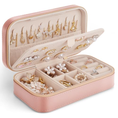 DesignSter Travel Jewelry Box, PU Leather Portable Jewelry Case, Small Jewelry Boxes for Gifts, Travel Jewelry Organizer for Women Rings Earrings Necklaces Bracelets (Dusty Pink) - color: Dusty Pink