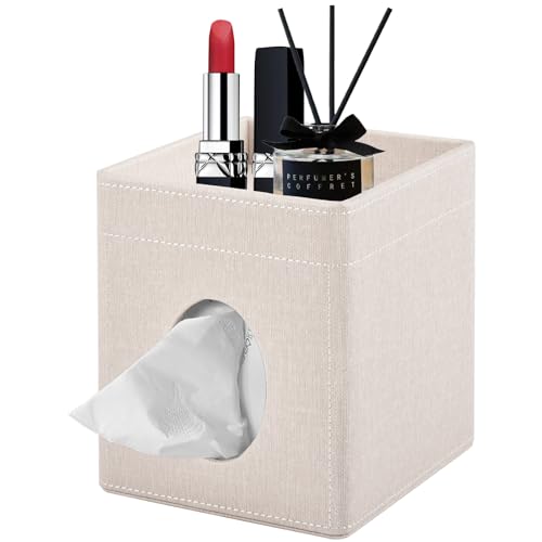 Tissue Box Cover with Storage Tray Square Tissue Box Holder PU Leather Facial Tissues Organizer Tray for Bathroom Vanity Bedroom Office Car,Stylish Napkin Caddy Decorative Organizer,Beige - color: Beige