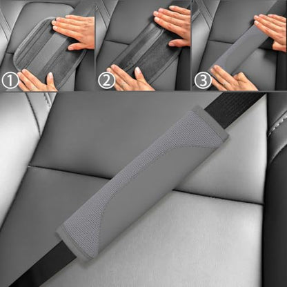 NBTEPEM 6 PCS Nappa Microfiber Leather Grey Steering Wheel Cover Set, Breathable Fabric Cooling Steering Wheel Cover 14.5-15inch Universal, Car Center Console Cover, Seat Belt Cushion, Cup Coaster - color: Grey