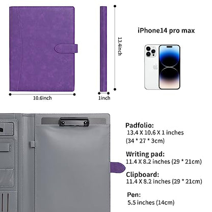 Wason Portfolio Padfolio A4 Leather PU Folder File Document Holder Case with Writing Pad Removable Clipboard Card Stationary Case Phone Tablet Stand for Organizer Office Travel School (Purple) - color: Purple
