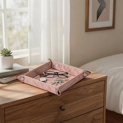 Valet Tray Desktop Storage Organizer – Vegan Leather Catchall Bedside Vanity Tray Nightstand Caddy Holder for Remote Controller, Watch, Keys, Phone, Wallet, Coin, Jewelry, Marble Pink - color: Marble Pink