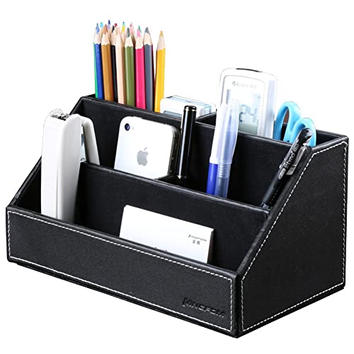 Pu Leather Desk Organizer with 5 Compartments Holder, Multi-Functional Office Supplies Storage Caddy for Pen/Pencil, Phones, Remote Controller and Desktop Accessorie Black - color: Black