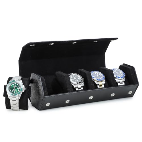 Hiram Genuine Leather Saffiano Leather Watch Roll Travel Case, Leather 4-Watches Roll Case for Treasured Watches and Bracelets(Black) - color: Black, size: 4-slots
