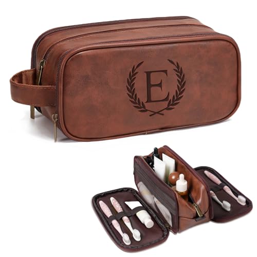 Travel Toiletry Bag For Mens PU Leather Engraved Initials (Red Brown E) | Personalized Gifts For Father Husband Groomsmen Birthday, Waterproof Bathroom Organizer Dopp Kit Bag Beach Travel Essentials - color: Red Brown, style: E