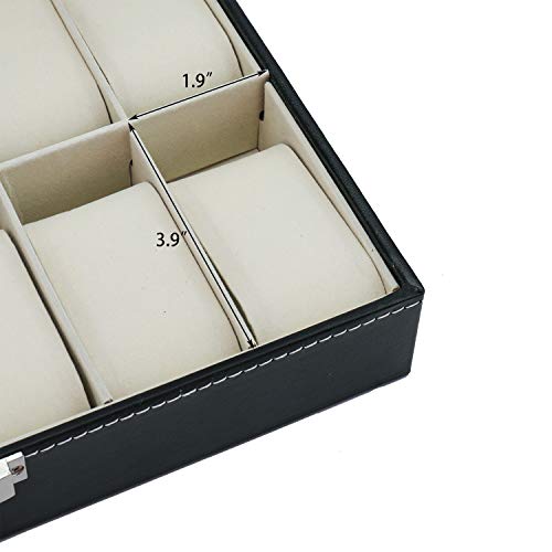 12 Slot Leather Watch Box Display Case Organizer with Framed Glass Lid Elegant Contrast and Removable Pillow for Men and Women Watch and Jewelry Large Holder Boxes