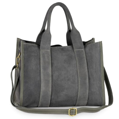 Italian Genuine Suede Tote Bag for Women with Adjustable Strap & Leather Trim | Structured Medium Shoulder Purse - color: Pewter