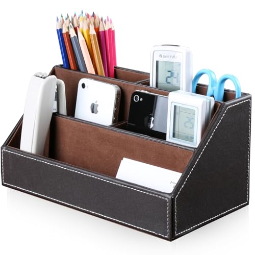Pu Leather Desk Organizer with 5 Compartments Holder, Multi-Functional Office Supplies Storage Caddy for Pen/Pencil, Phones, Remote Controller and Desktop Accessorie Brown - color: Brown