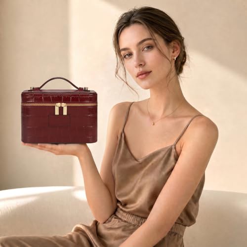 Makeup Bag Crocodile Vanity Case for Women Travel Cosmetic Bag Leather Toiletry Bags Makeup Organizer Case - color: Crocodile Burgundy