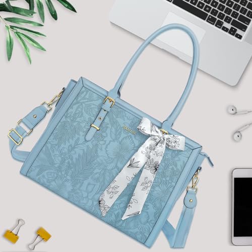 MOSISO Laptop Bag for Women, 15.6-16 inch PU Leather Tote Bag | Compatible with MacBook, HP,Dell,Asus, Front Embossed Retro Hibiscus Computer Bags with Silk Scarf&Clutch Purse, Air Blue - color: Air Blue, size: 16 inch