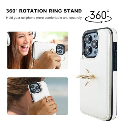 ONETOP for iPhone 14 Pro Wallet Case with Credit Card Holder,White | 360° Rotation Ring Kickstand,Finger Grip,Double Magnetic Clasp,RFID Blocking PU Leather Shockproof Cover for Women Men - color: White