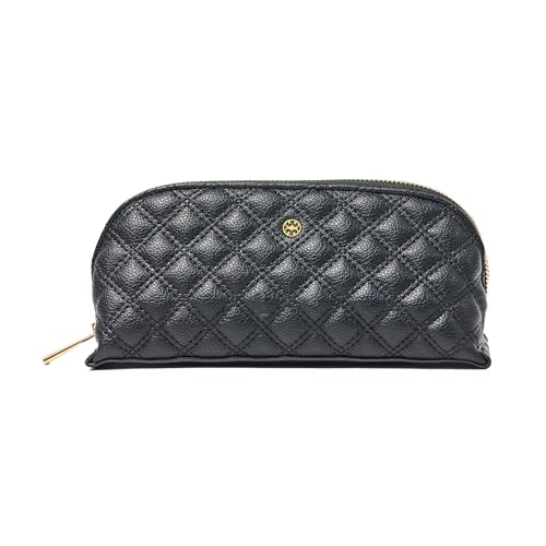 Mary Square Small Essential Pouch - Black Quilted Vegan Leather 9 x 3 Compact Cosmetic Bag and Travel Organizer - Stylish Makeup Pouch with Gold Hardware and Interior Pockets - color: Black, size: Small