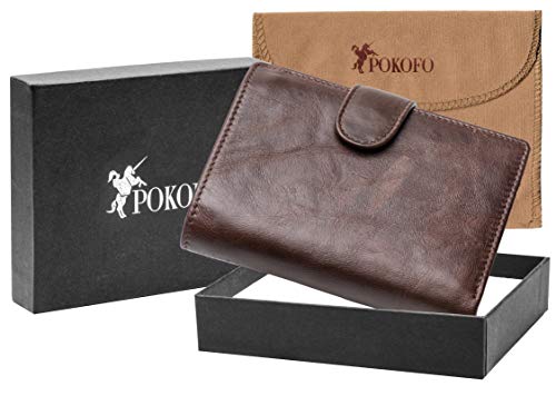 POKOFO Large RFID Genuine Leather Card Holder Trifold Wallet Snap Closure 3 ID Windows for men - color: Chocolate Large