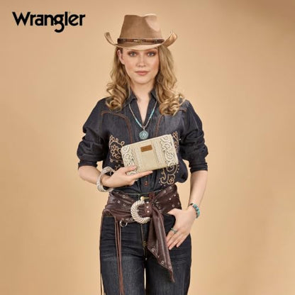 Montana West Wrangler Western Paisley Wristlet Wallet for Women, PU Leather Zip Around Card Holder Clutch with RFID Blocking & Coin Pocket - color: Tan