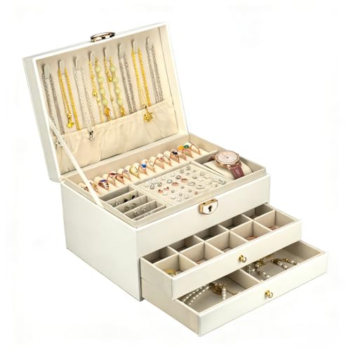 SRTCYDA Jewelry Box for Women, 3-Layer Jewelry Organizers with Lock and Key | Leather Jewelry Organizers and Storage, Dresser Top Jewelry Box for Holds Necklace, Earring, Ring, Bracelet, Watch - color: White