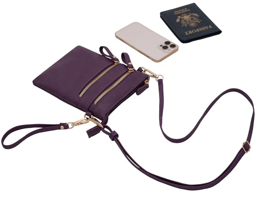 Small Crossbody Bag for Women, Multi Zip Pockets with Detachable Wristlet, Lightweight Travel Purse, Cell Phone Pouch - color: Purple
