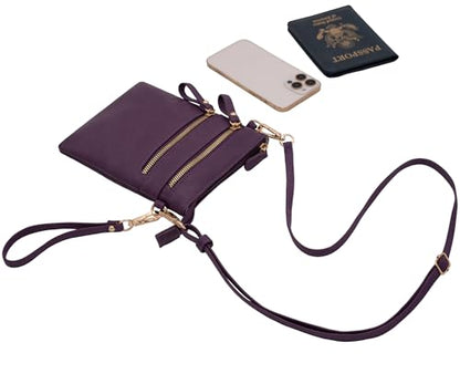 Small Crossbody Bag for Women, Multi Zip Pockets with Detachable Wristlet, Lightweight Travel Purse, Cell Phone Pouch - color: Purple