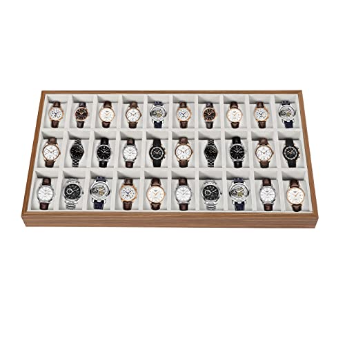 LOYALHEARTDY 30 Grid Watch Jewelry Tray Organizer Wooden Box Organizer Display Tray Watch Bracelet Display Holder with Removable Pillow for Men & Women Storage and Display