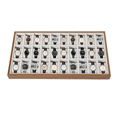 LOYALHEARTDY 30 Grid Watch Jewelry Tray Organizer Wooden Box Organizer Display Tray Watch Bracelet Display Holder with Removable Pillow for Men & Women Storage and Display