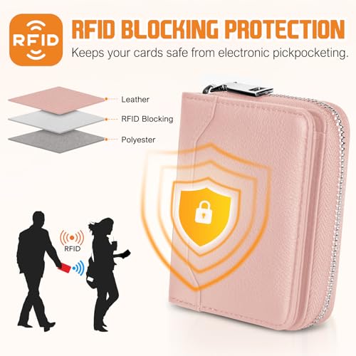 HUANLANG Mens Wallet Zipper RFID Blocking Multi Card Holder Bifold Wallets | Leather, Wallet with Coin Pocket, Small, Men's Leather Wallet with Zipper, ID Window, Card Holder, Multi Card Wallet - color: Pink