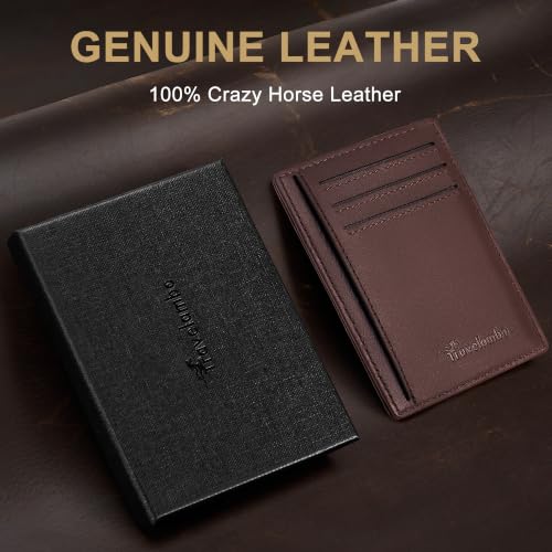 Travelambo 100% Genuine Leather Wallet for Men and Women, Slim Minimalist RFID Blocking Front Pocket Credit Card Holder with Gift Box(Brown 01) - color: Texas Brown 01