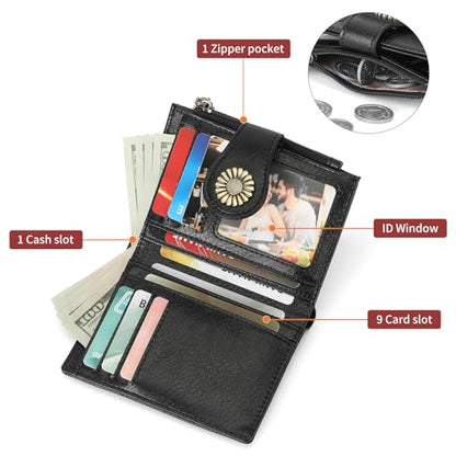 SENDEFN Small Wallets for Women Bifold RFID Blocking Leather Card Holder Compact Wallet with Zipper Coin Pocket - color: A-Black